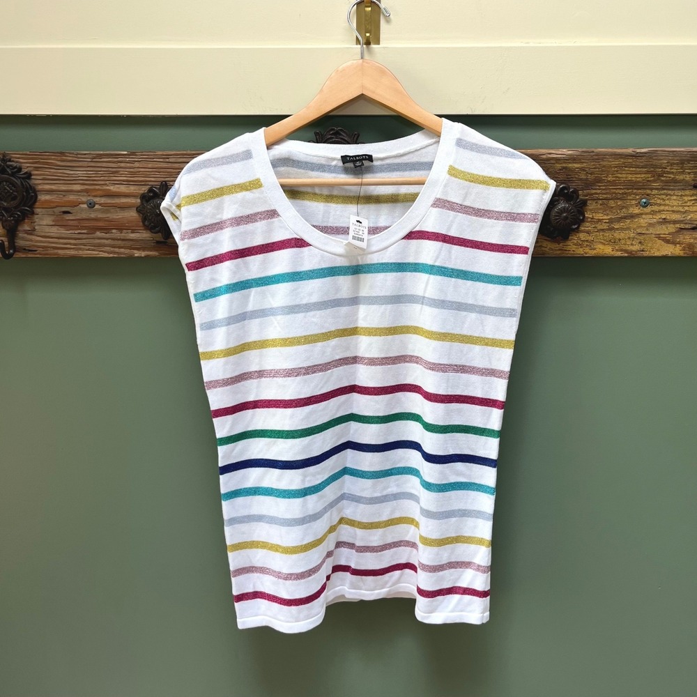 Talbots Womens White Multicolor Metallic Stripe Scoop Neck Knit Top Size M NEW